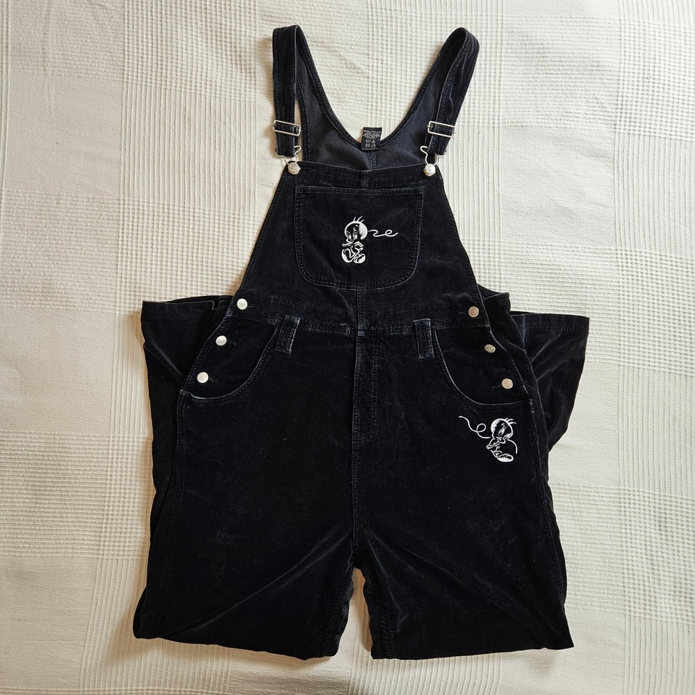 Vintage Warner Bros Studio Store Tweety Bird Black Velvet Overalls Womens XS